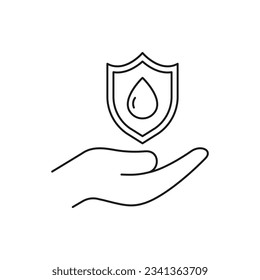 Wassertropfen mit Schild auf der Hand. Sauberes Wasserschutzsymbol, Linie Stil einzeln auf weißem Hintergrund. Vektorgrafik