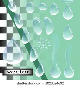 Water drop shower tears of rain and steam, isolated on a transparent background. Clean transparent droplets. Realistic vector illustration of a drop flowing on a glass surface for a natural design.