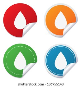 Water drop sign icon. Tear symbol. Round stickers. Circle labels with shadows. Curved corner. Vector