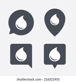 Water Drop Sign Icon. Tear Symbol. Map Pointers Information Buttons. Speech Bubbles With Icons. Vector