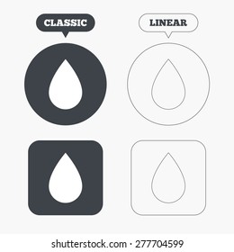 Water drop sign icon. Tear symbol. Classic and line web buttons. Circles and squares. Vector