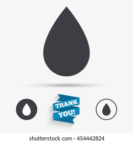 Water drop sign icon. Tear symbol. Flat icons. Buttons with icons. Thank you ribbon. Vector