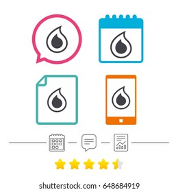 Water drop sign icon. Tear symbol. Calendar, chat speech bubble and report linear icons. Star vote ranking. Vector