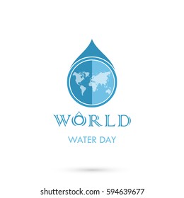 Water drop sign with world icon vector logo design template.World Water Day logo.World Water Day idea campaign for greeting card and poster.Vector illustration