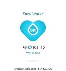 Water drop sign with world icon vector logo design template.World Water Day logo.World Water Day idea campaign for greeting card and poster.Vector illustration