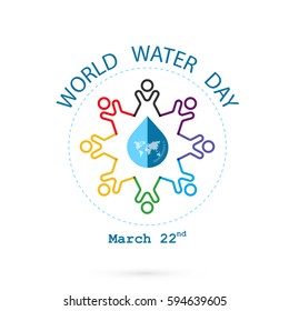 Water drop sign and world map with people icon vector logo design template.World Water Day logo.World Water Day idea campaign for greeting card and poster.Vector illustration