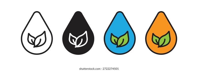 Siluetas de gotas de agua que contienen hojas verdes o rayos, que representan líquidos orgánicos, energía hidráulica, combustible ecológico y recursos hídricos sostenibles.