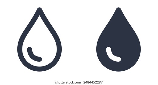 Conjunto de iconos simples de gota de agua diseñados en estilo relleno, contorno, línea y trazo
