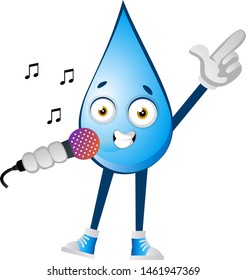 Water drop singing on microphone, illustration, vector on white background.