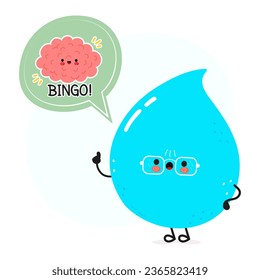 Water drop with speech bubble and brain character. Vector hand drawn cartoon kawaii character illustration. Isolated white background. Water drop and poster with brain