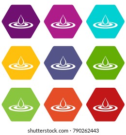 Water drop and spill icon set many color hexahedron isolated on white vector illustration