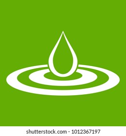 Water drop and spill icon white isolated on green background. Vector illustration