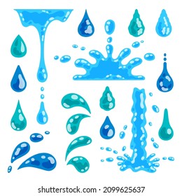 Water drop and splash. Cartoon liquid droplet graphic template, pure and clean water waves, morning dew and raindrop. Vector fluid drip isolated set svg