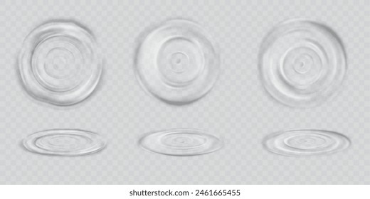 Water drop splash circle wave effect top view. 3d liquid circular puddle surface. Isolated concentric ring graphic set. Side realistic droplet falling in sea. Abstract raindrop ripple different design