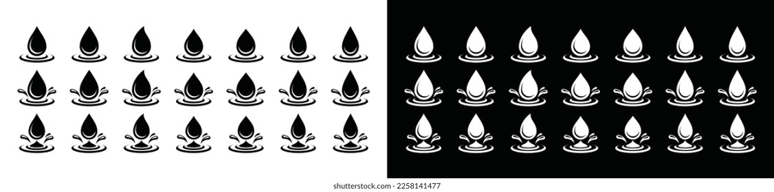 Water drop and splash icon set. Splashing water droplets icon collection. Blue water or oil drops symbol for apps and websites, vector illustration