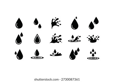 Water Drop and Splash Icon Set Vector Liquid Droplets, Ripple Waves, and Rain Symbols