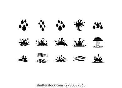 Water Drop and Splash Icon Set Vector Liquid Droplets, Ripple Waves, and Rain Symbols
