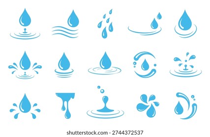 Water drop splash icons set, blue liquid ripple symbols, flat vector illustration