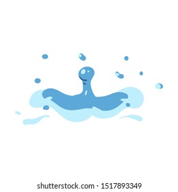 Water drop splash motion drawing isolated on white background - blue raindrop falling on liquid surface making a splatter, colorfil vector illustration.