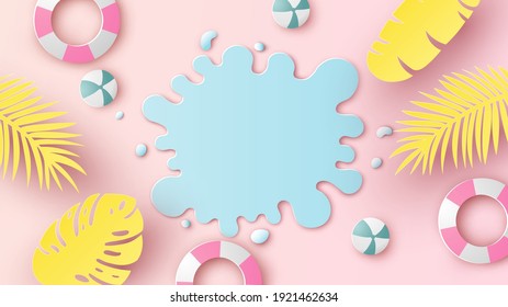 Water drop splash on sand beach with ball, swim ring, tropical leaves and blank space. Aerial view of summer beach. paper cut and craft style. vector, illustration.