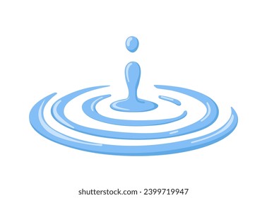 Water drop, splash with ripples, circle waves, rings on surface. Waterdrop, blue clear pure droplet. Aqua blob, moisture, clean fluid element. Flat vector illustration isolated on white background