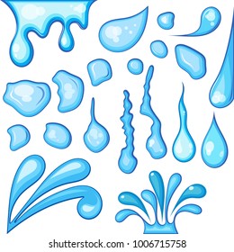 Water drop or splash vector eyewaters or droplets of waterfall watering with liquid aqua and splashing raindrops dropping down set illustration isolated on white background