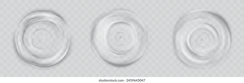 Water drop splash wave effect top view. Circular liquid puddle texture set. 3d rain impact with concentric ring after drip in pool or ocean. Isolated droplet falling on pure aqua different design