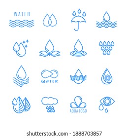 Water, water drop, splash, wave, rain, irrigation. A set of vector icons. Symbol, sign, icon, logo illustration.