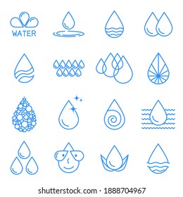 Water, water drop, splash, wave, rain, irrigation. A set of vector icons. Symbol, sign, icon, logo illustration.