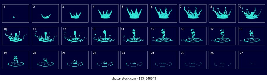 Water drop splashes animation. Water sprite sheet for game or cartoon or animation. Rain drop 2d classic animation. water flow effect. – Vector