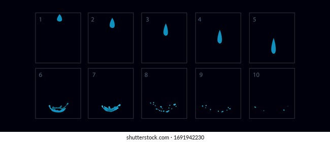 Water drop splashes animation. Water drop sprite sheet for game or cartoon or animation. Rain drop 2d classic animation. water flow effect. – Vector