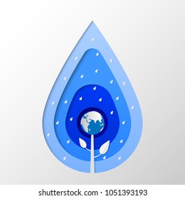 Water drop stacks like 3D layer in paper art illustration style. Include plant for living earth.