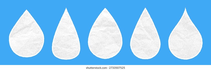 Water drop sticker set with crumpled paper texture. Cutout elements for collages and scrapbooking.