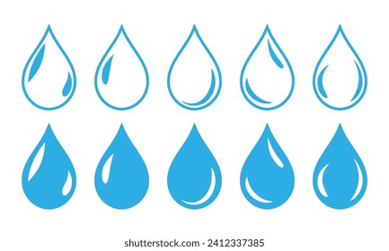 Icono de caída de agua con conjunto de brillo de cinco en color rojo con relleno y contorno. Forma de caída de agua. Las gotas de agua se aislan sobre fondo blanco.