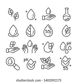 Water Drop Symbol With Neutral PH And Leaf Line Icons Set Isolated. Modern Outline On White Background