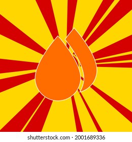Water drop symbol on a background of red flash explosion radial lines. The large orange symbol is located in the center of the sun, symbolizing the sunrise. Vector illustration on yellow background