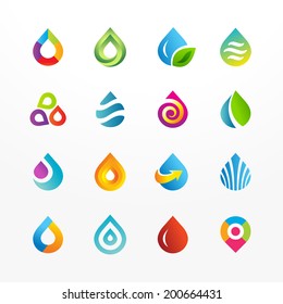 Water drop symbol vector icon set. Collection of colorful signs. May be used in ecological, medical, chemical, food and oil design.