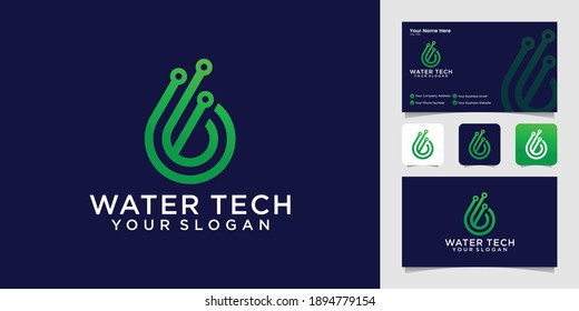 Water drop technology with outline style logo design template and business card