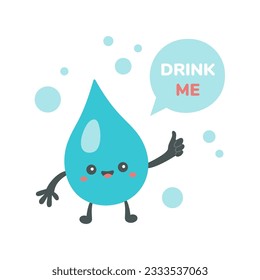 Cae agua con el texto BEBÉNDOME. Estilo de vida sostenible, basura cero, concepto ecológico. Ilustración vectorial al estilo de las caricaturas. Reciclaje, manejo de residuos, ecología, sustentabilidad.