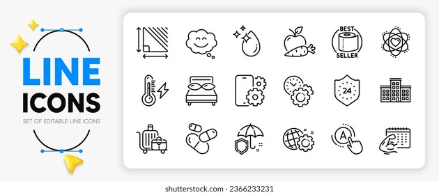 Water drop, Time management and Seo gear line icons set for app include Fitness calendar, Triangle area, Capsule pill outline thin icon. Smile chat, Toilet paper, Apple carrot pictogram icon. Vector