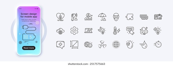 Water drop, Timer and Cloud computing line icons for web app. Phone mockup gradient screen. Pack of Execute, Medical mask, Seo idea pictogram icons. Ram, Fake information, Puzzle signs. Vector