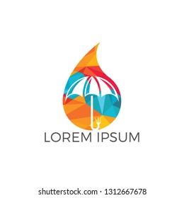Water drop and umbrella logo design. Water proof logo vector illustration.