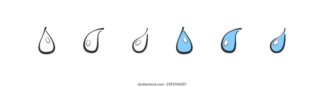 Water drop vector doodle set. Liquid droplets hand drawn collection.