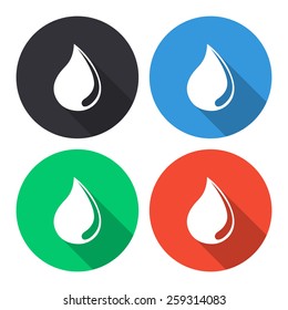 Water drop vector icon - colored(gray, blue, green, red) round buttons with long shadow