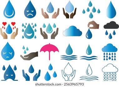 Water drop vector icon, hands holding water, clouds, rain symbols, umbrella, love hearts, waves, and abstract designs vector for water conservation, environment, weather, or eco related projects