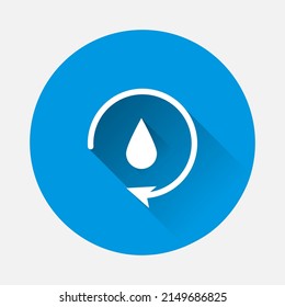 Icono vectorial de caída de agua, icono del símbolo de reciclaje en fondo azul. Imagen plana con sombra larga.