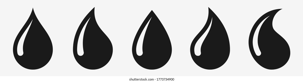 Water drop vector icon set. Black liquid shape symbols. Water, OIl, tear, rain drip signs on flat design. Isolated graphic illustration on white background.