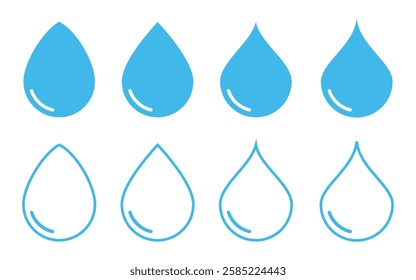 Water drop vector icons. Blue droplet shapes with outlined variants.