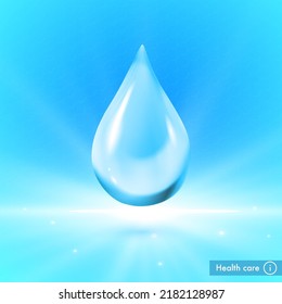 Water drop vector illustration. Vitamin complex on blue background. Beauty treatment nutrition skin care design. Medical and scientific concepts. 3D Realistic Vector EPS10