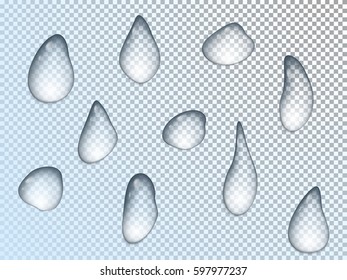 Water drop vector set on transparency gray and white square grid background. Raindrop collection. Dew, condensation, rainfall, drops on window glass vector illustration. Design collection.